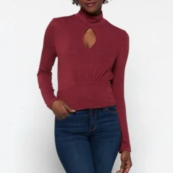 Brea Canyon Size L Rosa Claret Keyhole Turtleneck Blouse cropped business casual - Picture 1 of 15